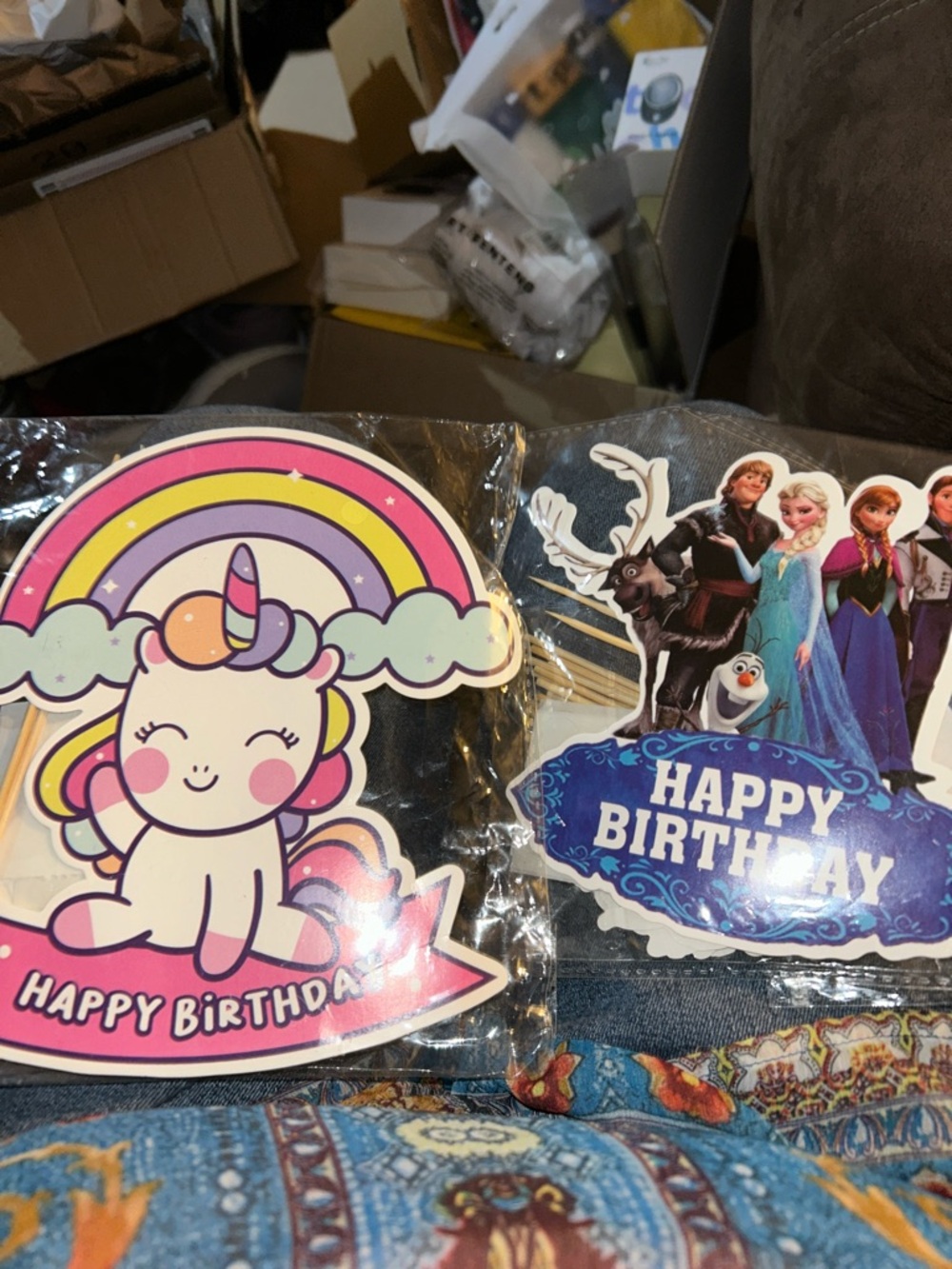 Happy Birthday Unicorn and Frozen Cake Toppers - Pink, Rainbow